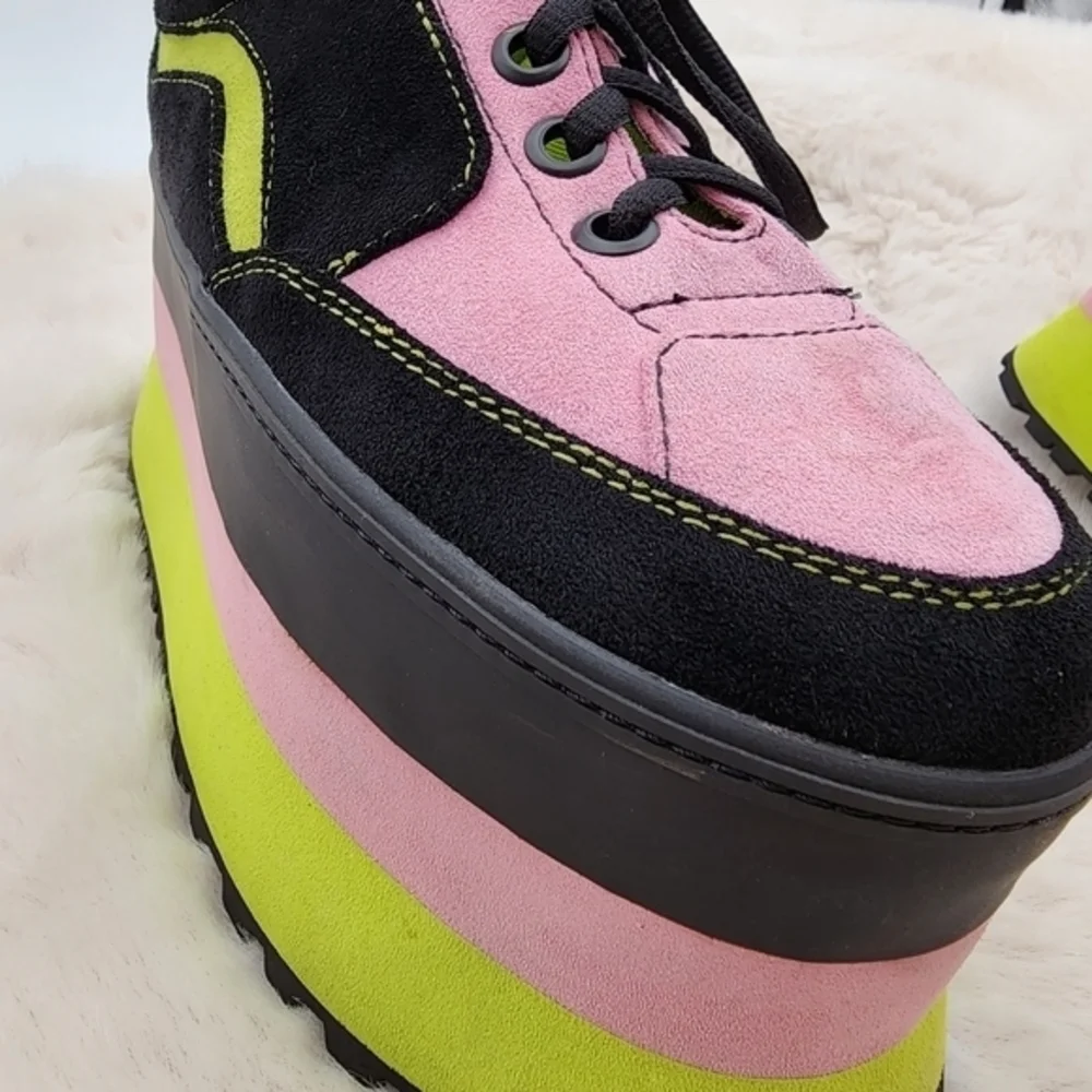 Y2K horoscope 90s HUGE neon chunky platform heel in pink green and black, velvet